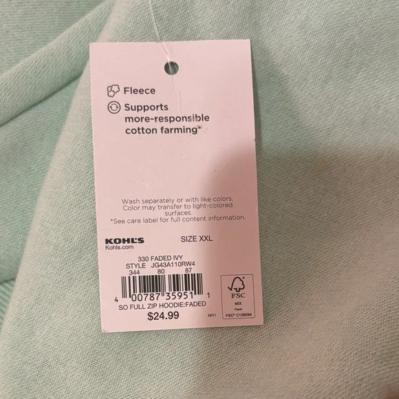 Kohl's Faded Mint Full Zip Hoodie - Picture 2 of 5